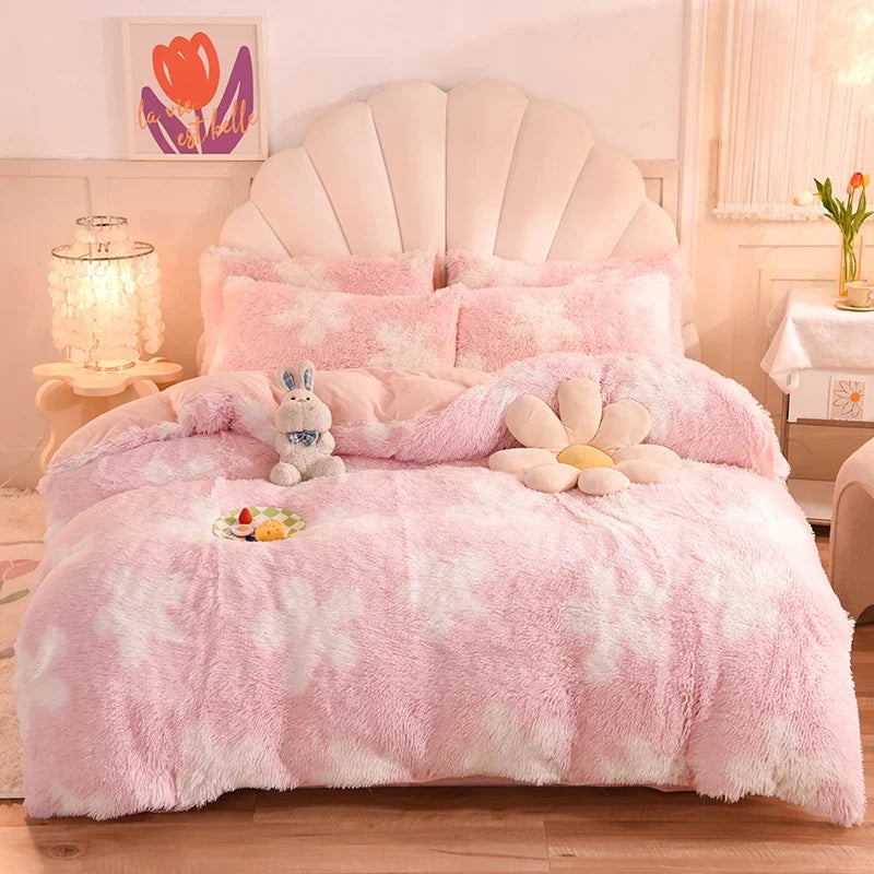 3Pcs Super Shaggy Coral Fleece Warm Cozy Princess Bedding Set