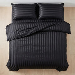 Luxury Black Satin Striped Duvet Cover Set, Silky Jacquard Vertical Stripe Bedding with Duvet Cover and Pillow Cases 2/3Pcs