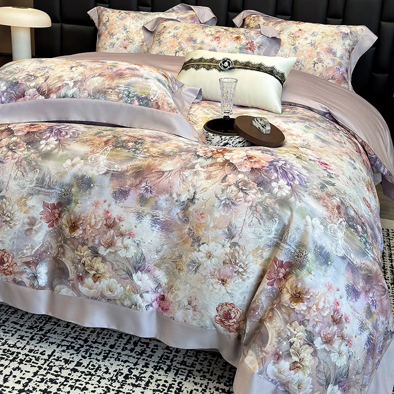 1000TC Egyptian Cotton Blooming Flowers Prints Luxury Queen King Size Bedding Set