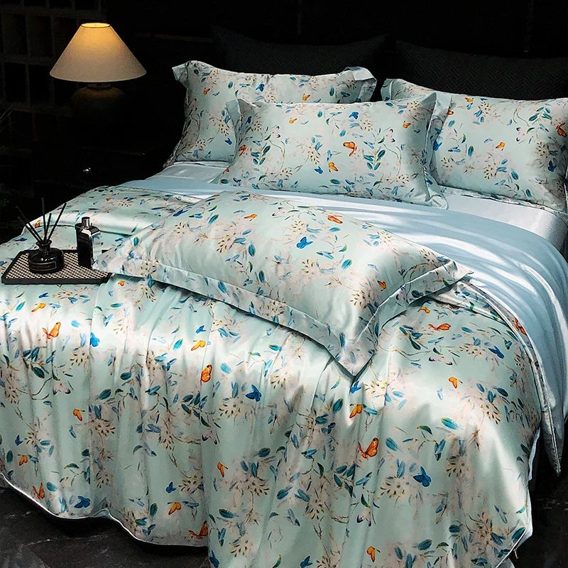 Luxury Mulberry Silk Duvet Cover High End Floral Printed Bedding Set