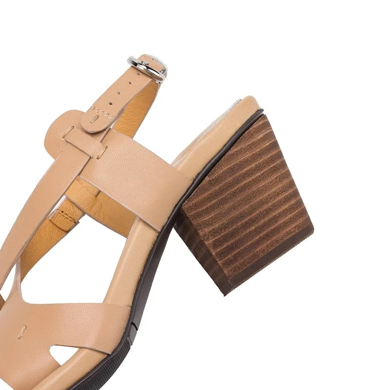 leather cowhide round toe thick Heel