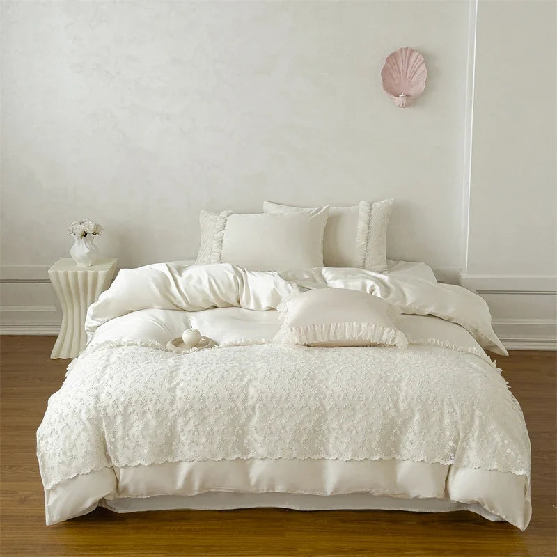 Princess Style Pink Floral Lace Embroidery 600TC Lyocell Bedding Set