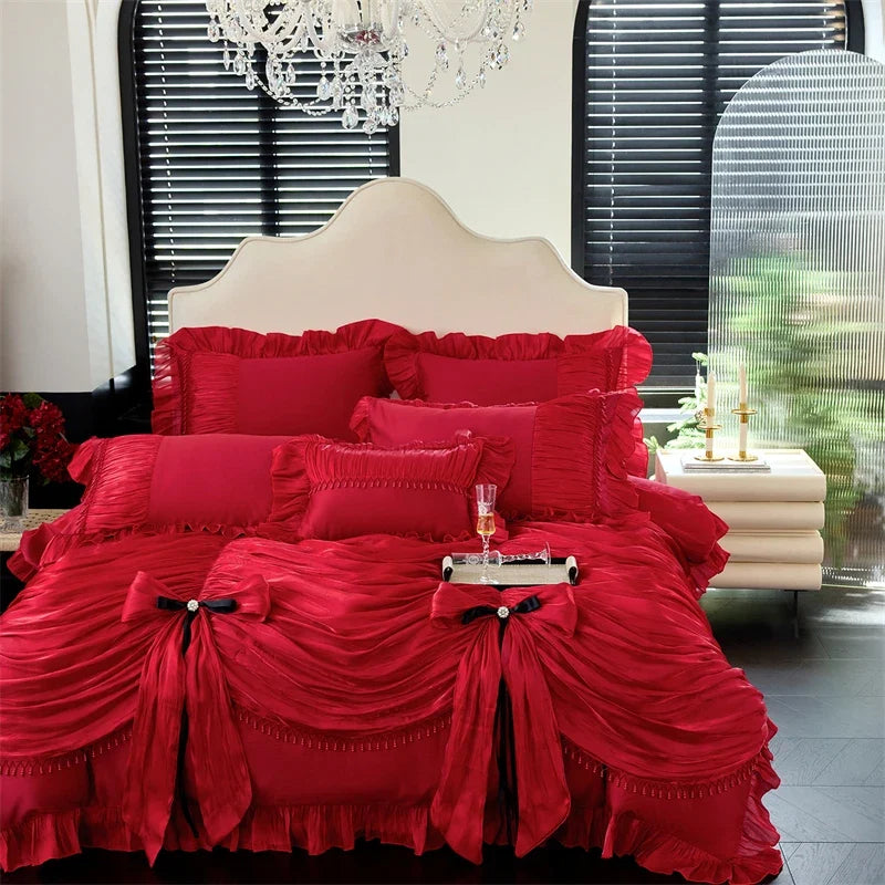 1000TC Egyptian Cotton Vintage French Palace Style Pleated Lace Ruffles Bow Bedding Set