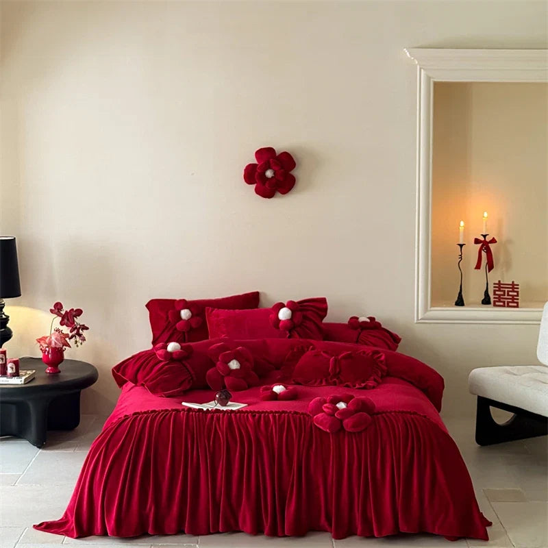 Three-dimensional Flowers Embroidery Ruffles Red Bedding Set