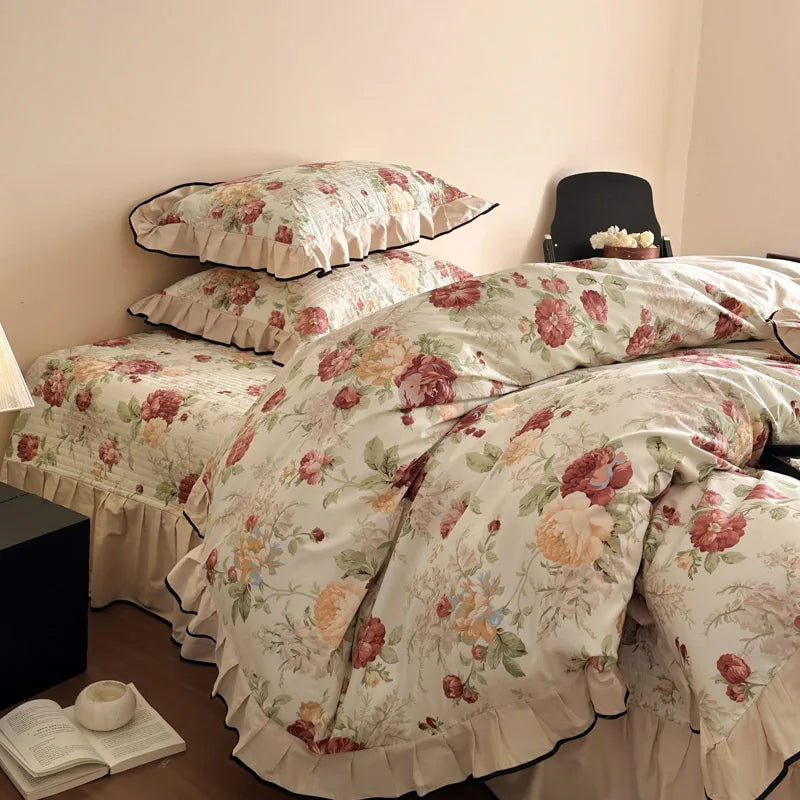 4Pcs Vintage French Floral Ruffles Bedding Set, 100% Cotton, Princess Duvet Cover Set, Quilted Bedspread, Bed Sheet, Pillowcases