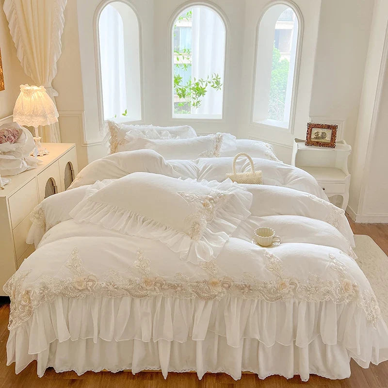 4Pcs Elegant Lace Rose Embroidery Milk Velvet Bedding Sets