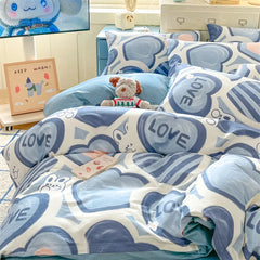 Heart Pattern 100% Cotton Duvet Cover Set with Flat Sheet or Fitted Sheet 3/4 Pcs Soft Breathable Queen King Size Bedding Set