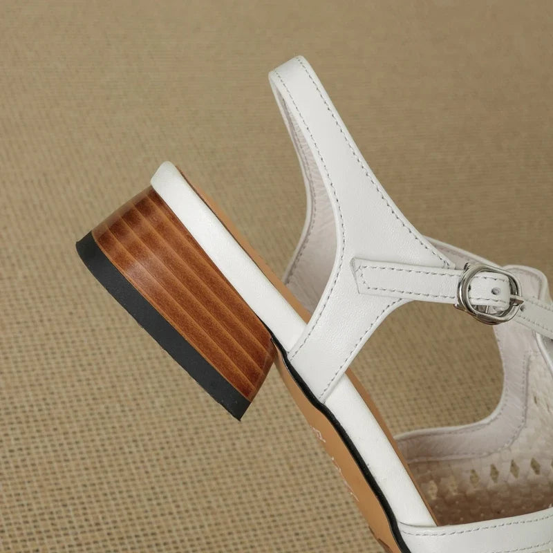 cowhide woven elastic hollow breathable mid Heel