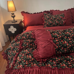 Vintage Floral Pleated Ruffles Bow 1000TC Egyptian Cotton Bedding Set