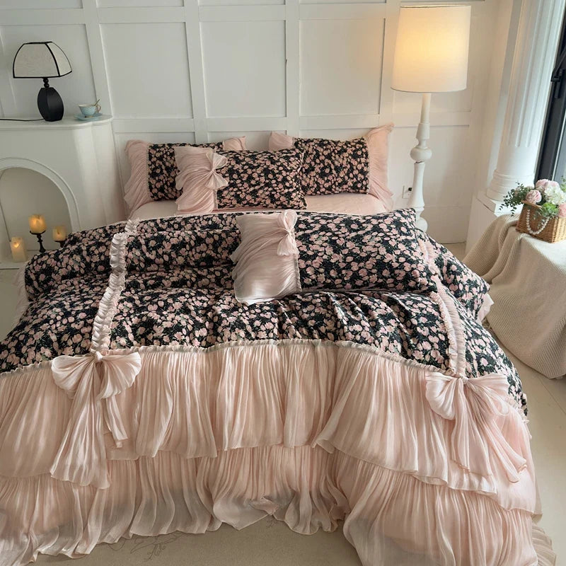Vintage Floral Print Ruffles Bow Princess Bedding Set
