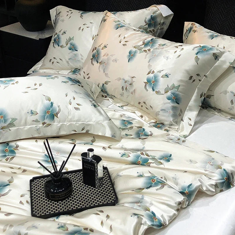 Luxury Mulberry Silk Duvet Cover High End Floral Printed Bedding Set