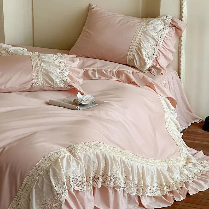 French Vintage Lace Ruffles Pure Cotton Princess Bedding Set