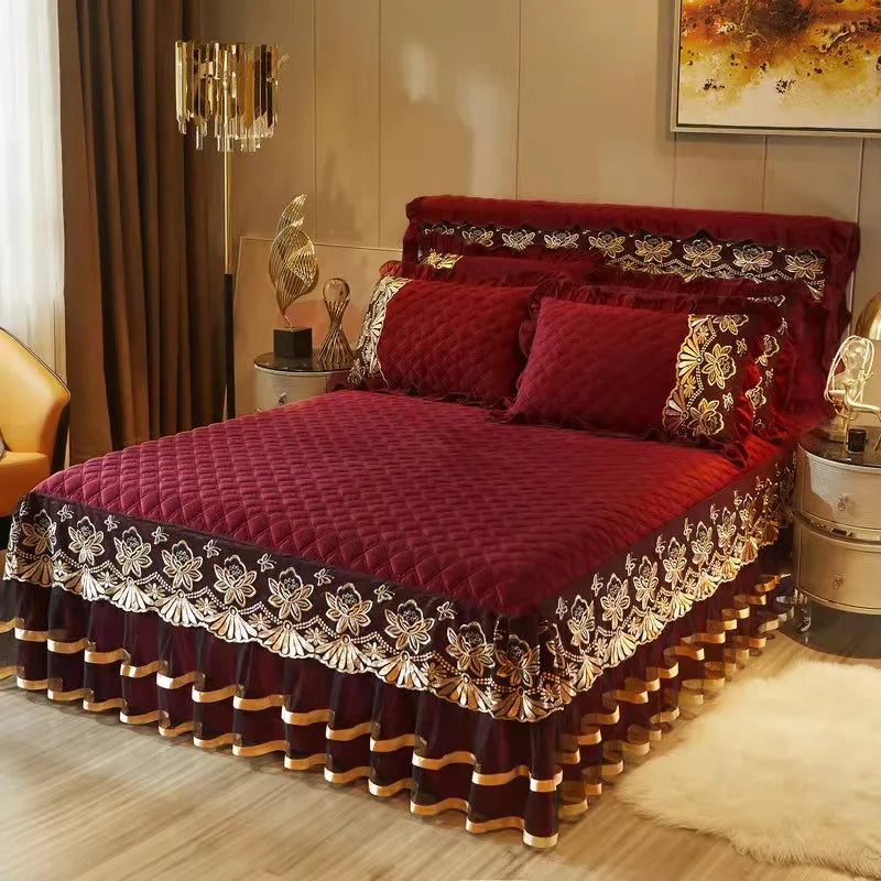 European Style Winter Lace Embroidery Bed Skirt Set High Quality Thickened Bed Cover Bedding Set