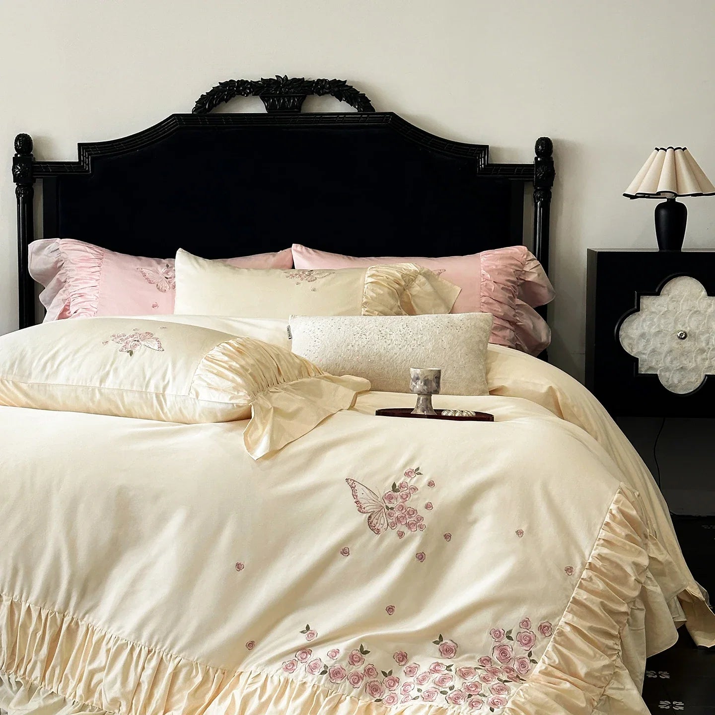 Luxury Rose Butterfly Embroidery Ruffles Princess Bedding Set