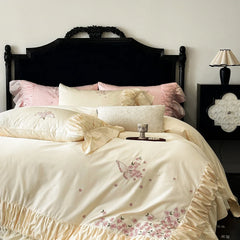 Luxury Rose Butterfly Embroidery Ruffles Princess Bedding Set