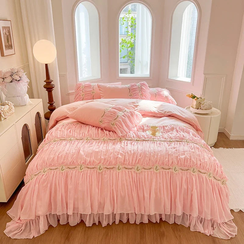4/6Pcs Vintage French Pleated Pastoral Style Lace Ruffles Embroidery Bedding Set