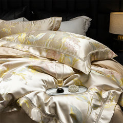 Premium 100S Egyptian Cotton Floral Jacquard Luxury Bedding Ultra Soft Duvet Cover Set Flat/Fitted Bed Sheet Pillowcases 4Pcs