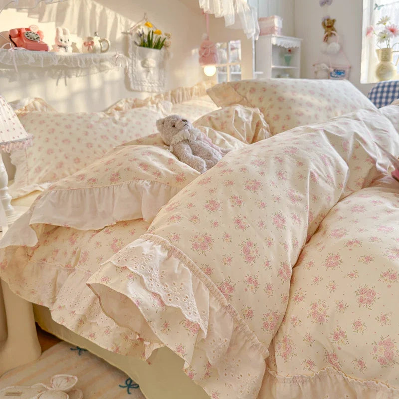 100% Cotton Double Layer Lace Ruffle Floral Bedding Set