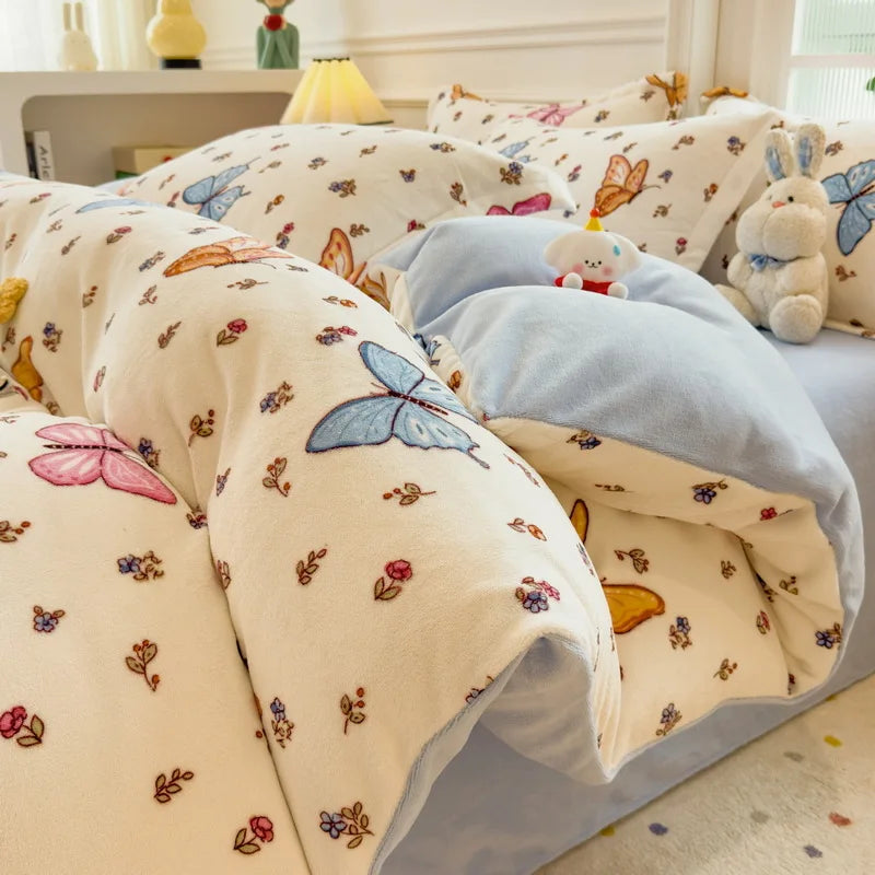 Cartoon Print Milk Velvet Duvet Cover Set Sheet Pillowcase Winter Plush Comforter Cover Set Home Textile Queen King Bedding Set