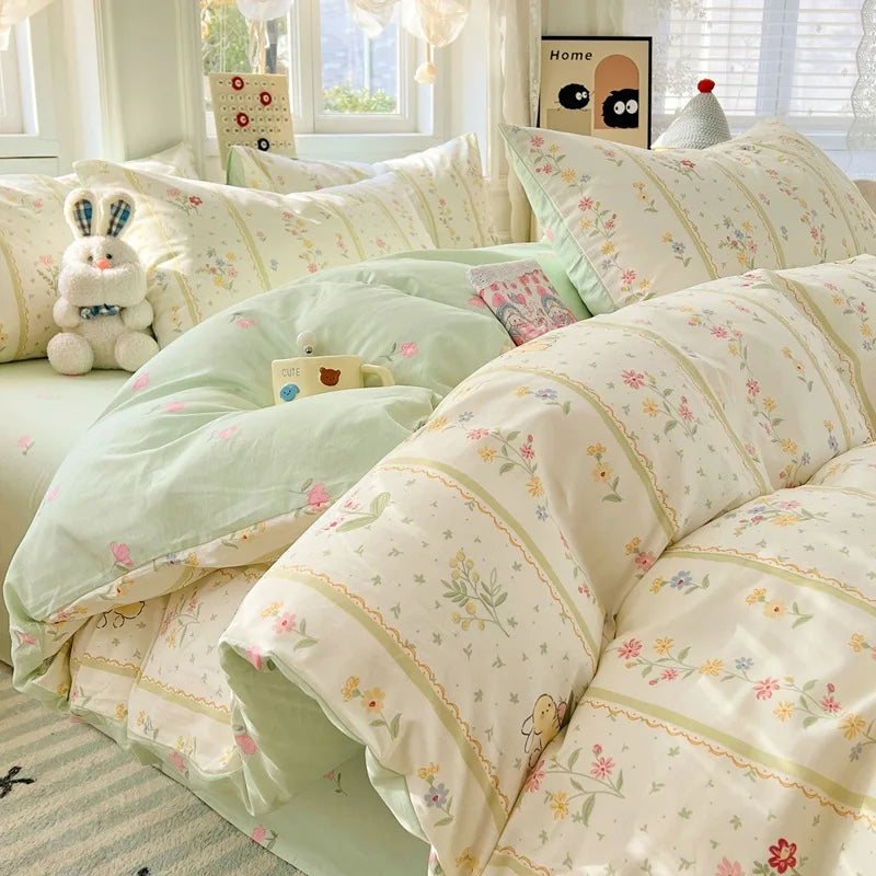 Japanese Style Floral Printed Queen Quilt Cover Set 3/4 Pcs Soft Cotton Bedding Set