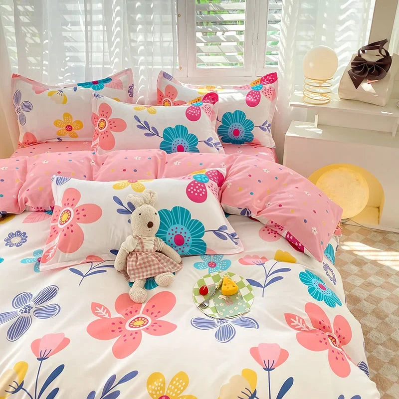 Ins Orange Checkerboard Duvet Cover Flat Sheet Pillowcases Twin Full Double Size Pink Blue Bedding Set
