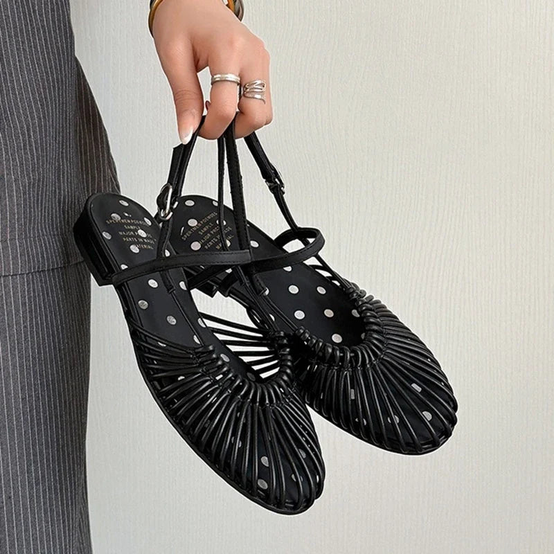 leather cowhide round toe hollow out comfortable breathable loose grip low Heel
