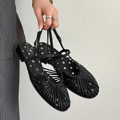 leather cowhide round toe hollow out comfortable breathable loose grip low Heel