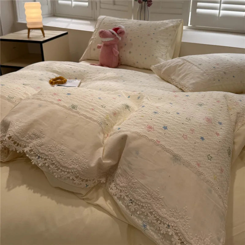3/4Pcs Korean Princess Style Floral Ruffles Soft Bedding Set