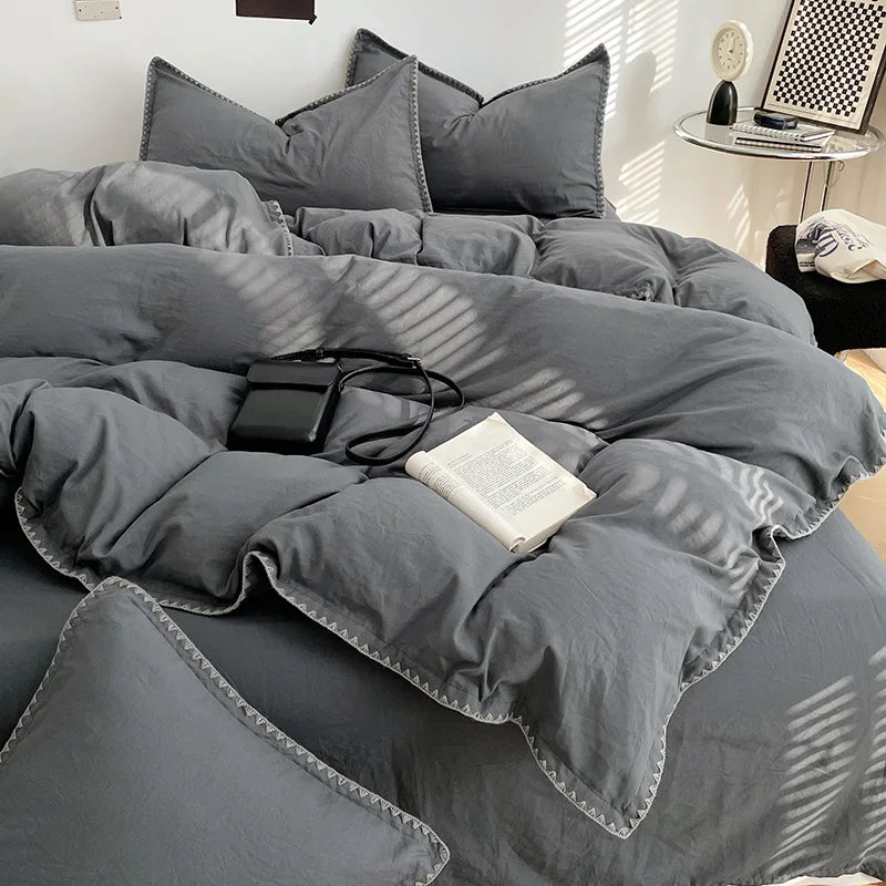 Solid Color Soft Duvet Cover Set Skin Friendly Washable Cotton Queen Bedding Set