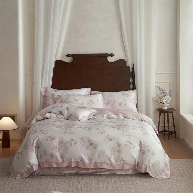600TC Lyocell Duvet Cover Set - Soft Floral Print Bedding Set, Breathable Cooling Bed Sheet with Pillowcases for Queen/King Size