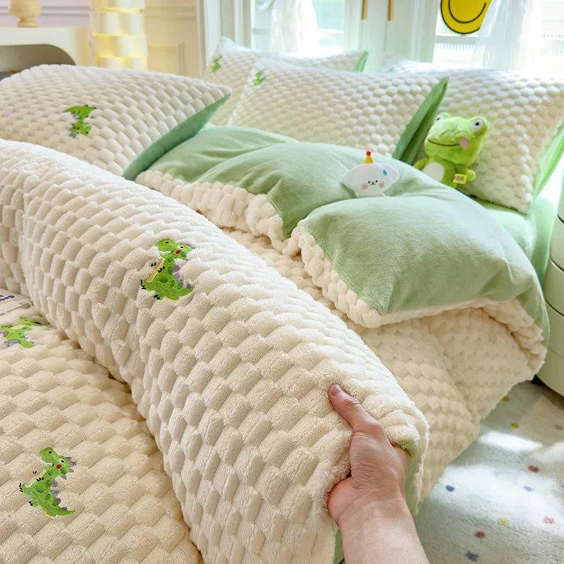 Winter Thicken Warm Duvet Cover Set Queen Bed Linens Set Milk Velvet Quilt Cover Bed Sheet Pillowcase 3/4pcs Luxury Bedding Set