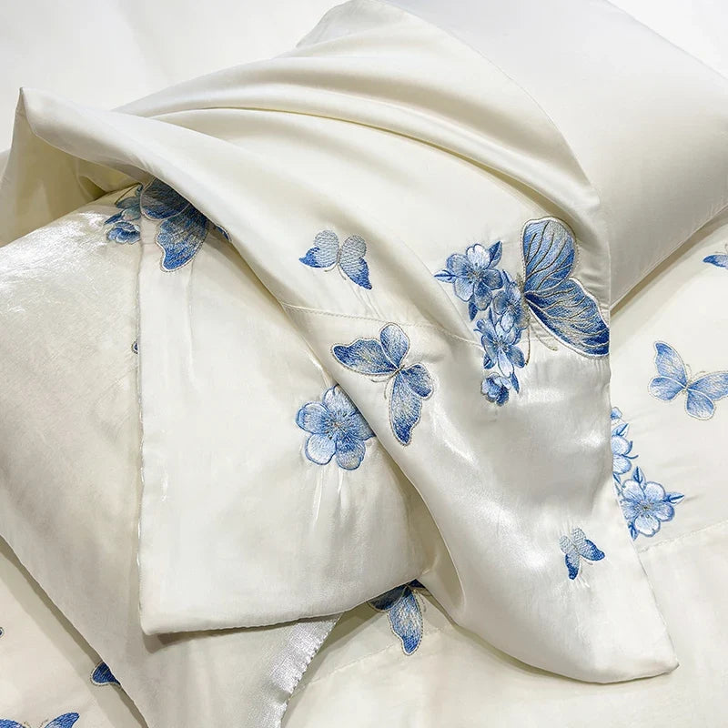 100% Egyptian Cotton Lace Butterfly Embroidery Luxury Bedding Set