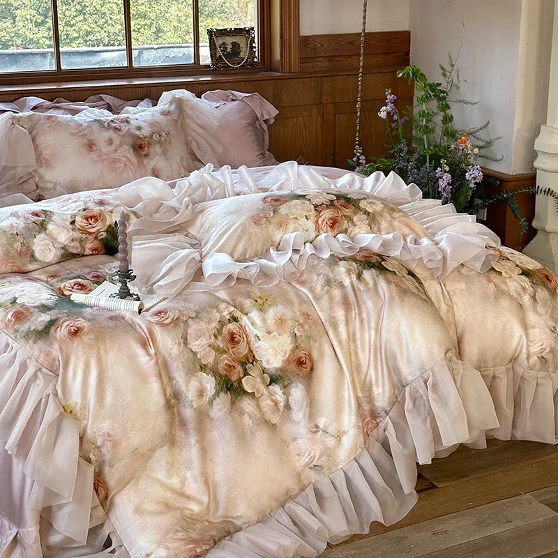 Vintage French Rose Flowers Print Lace Ruffles Bedding Set