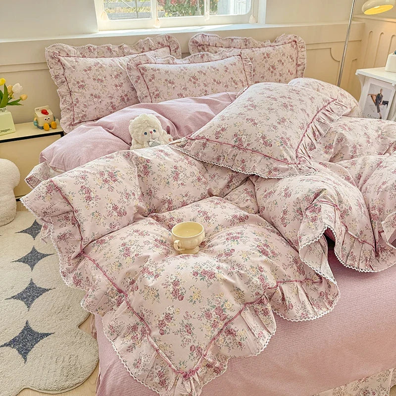Korean Princess Style Rose Floral Ruffle Bedding Set