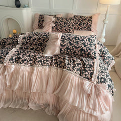 Vintage Floral Print Ruffles Bow Princess Bedding Set