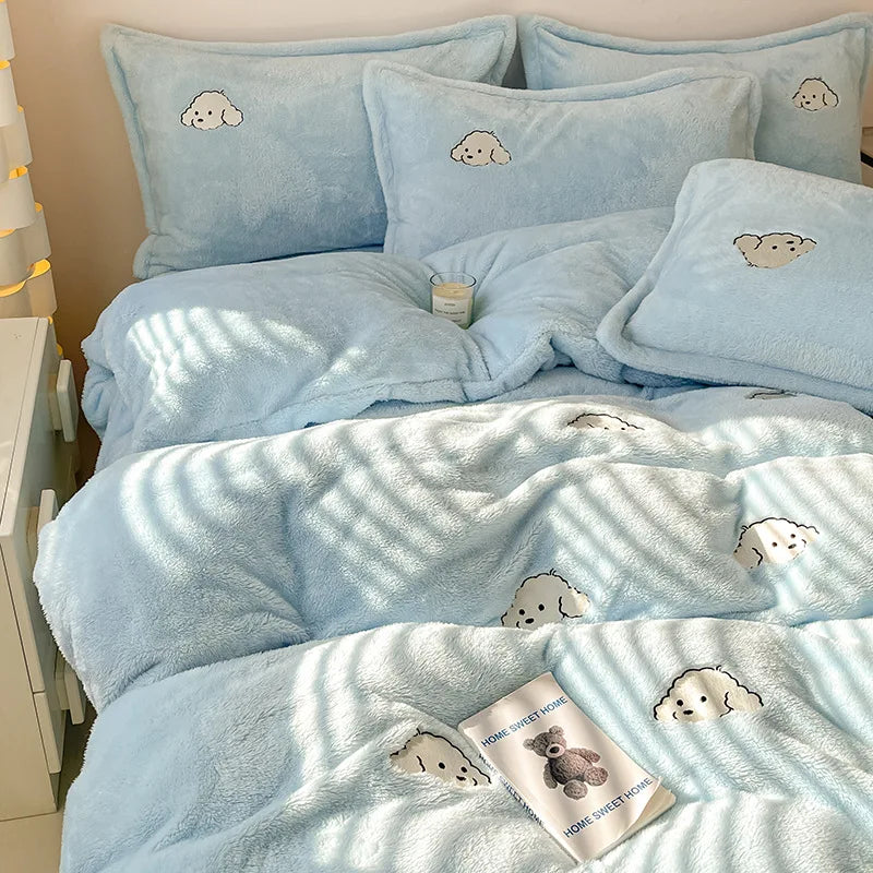 Cartoon Embroidered Plush 4pcs Bedding Set
