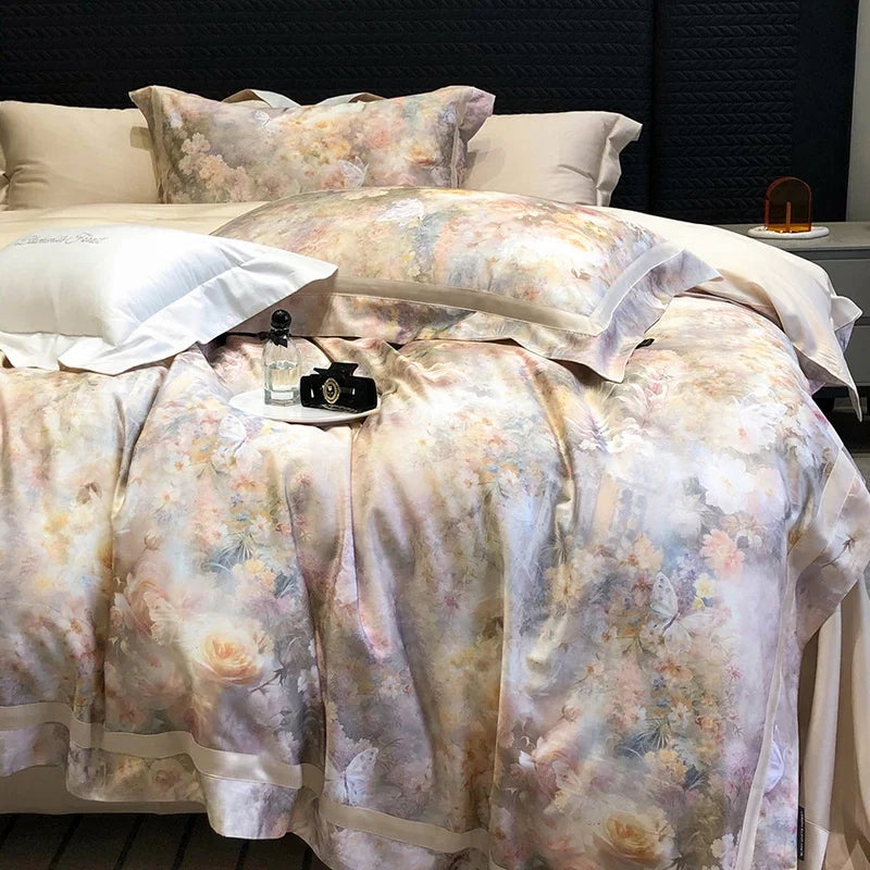 Flowers Digital Printing Wide Edge 1000TC Lyocell Cotton Soft Silky Bedding Set