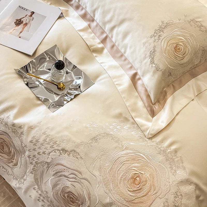 Luxury Rose Flowers Embroidery 1000TC Egyptian Cotton Premium Bedding Set