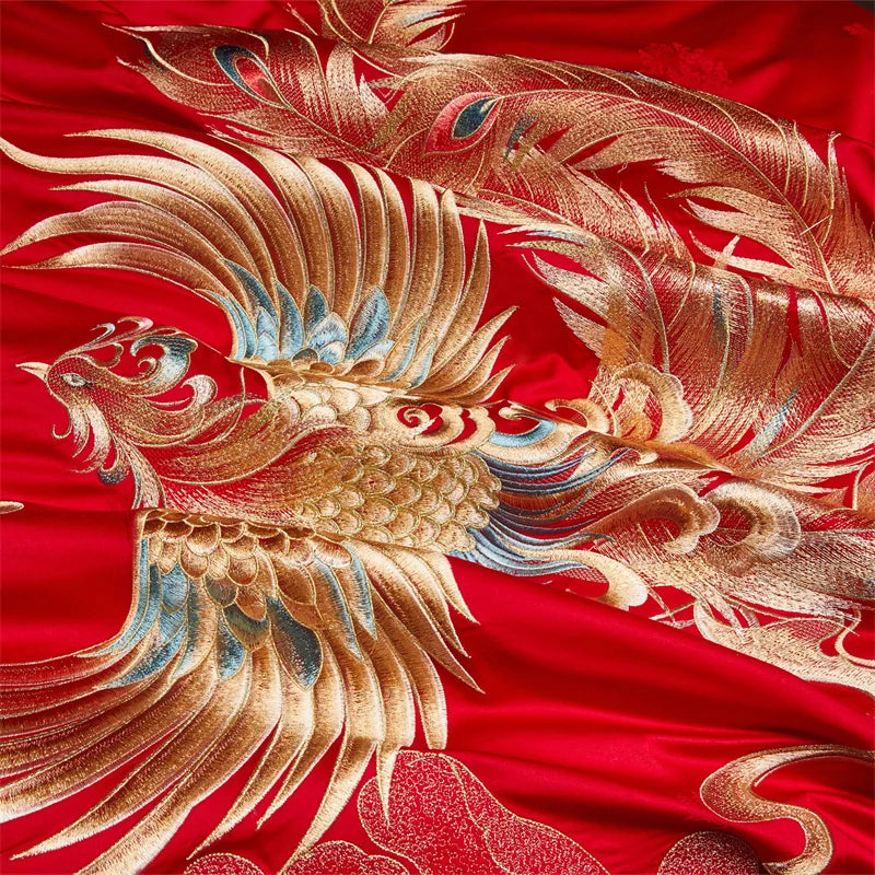 Luxury Chinese Style Wedding Flower Dragon Phoenix Embroidery Bedding Set