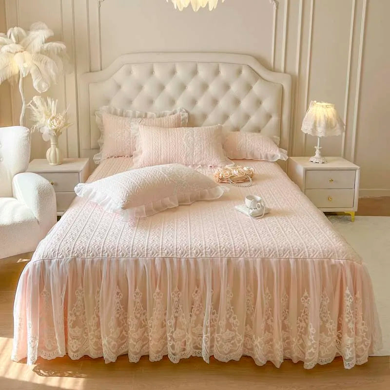 4/6Pcs Pink Princess Wedding Lace Embroidery Korean Style Bedding Set