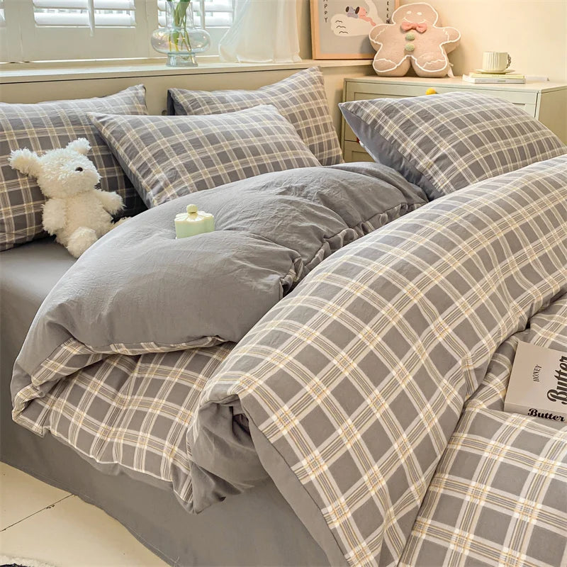 3/4 Pcs Blue Checkered Bedding Set