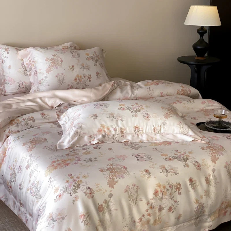 Luxury Lyocell Soft Silky Cooling Bedding Set, Watercolor Floral Print Duvet Cover Set, Bed Sheet/Fitted Sheet, Pillowcase, 4Pcs