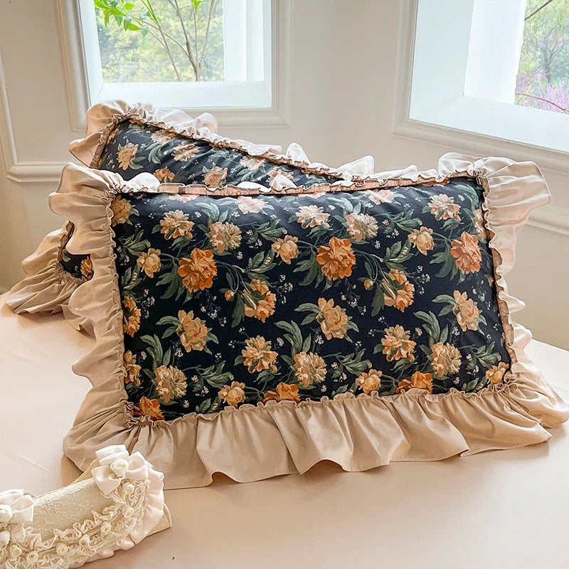 100% Cotton Floral Print Lace Princess Bedding Set