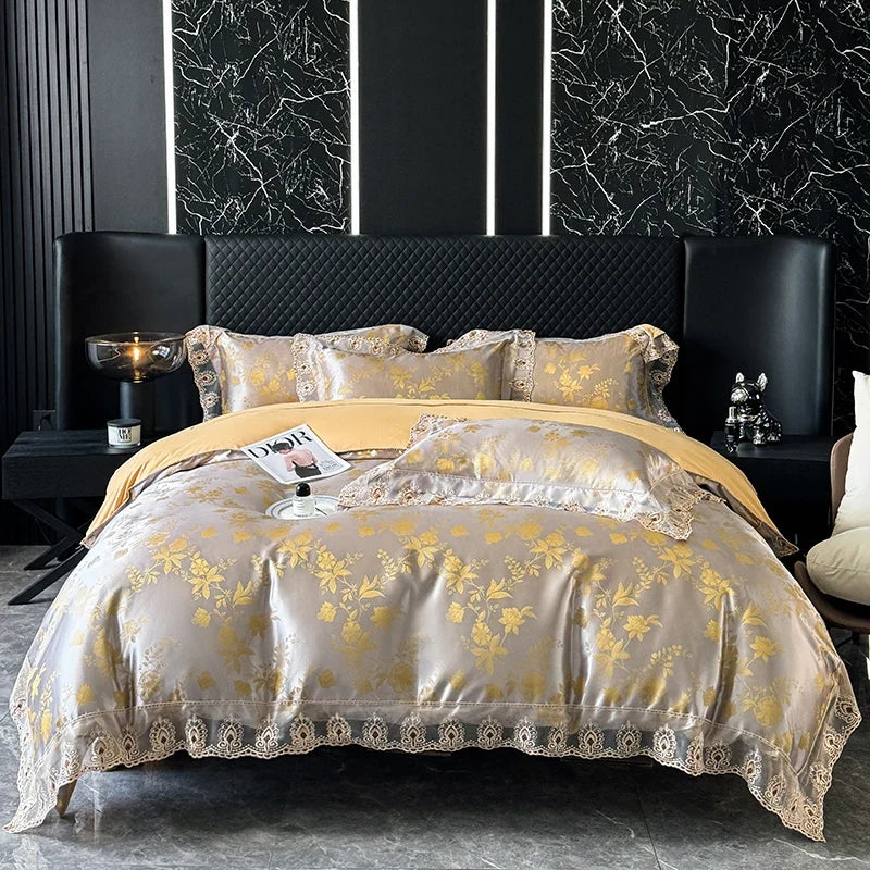 Luxury Euro Gold Satin Jacquard Lace Bedding Set