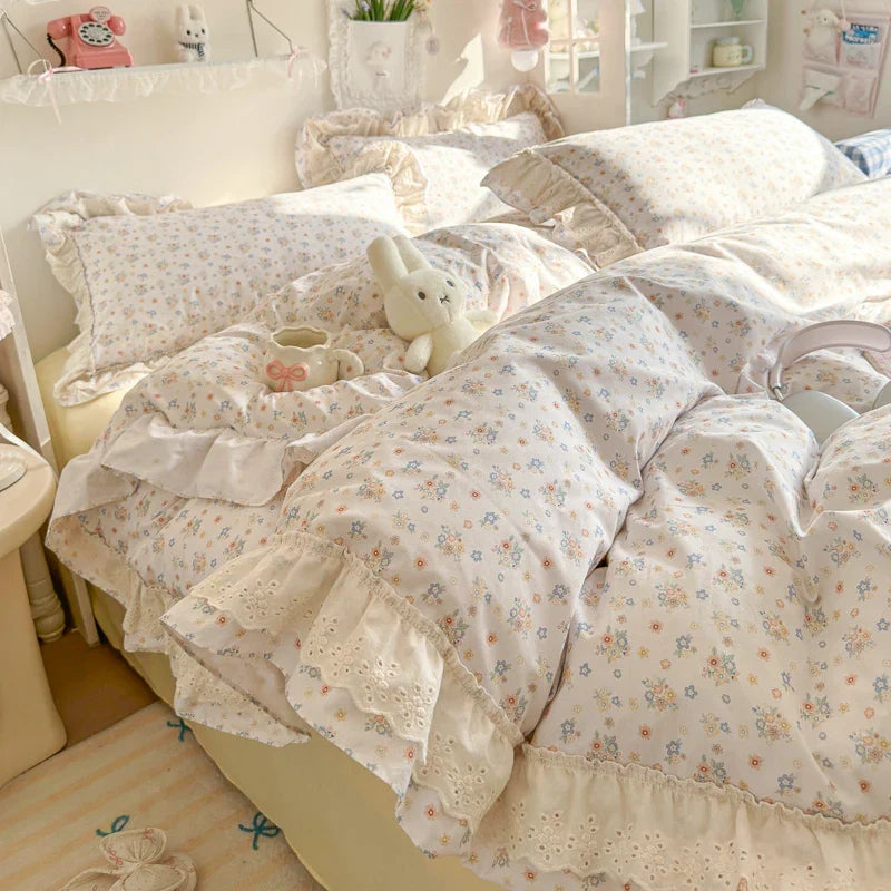 100% Cotton Double Layer Lace Ruffle Floral Bedding Set