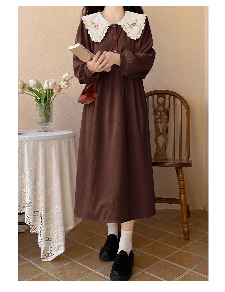Forest Flower Corduroy Cottagecore Dress with Embroidery
