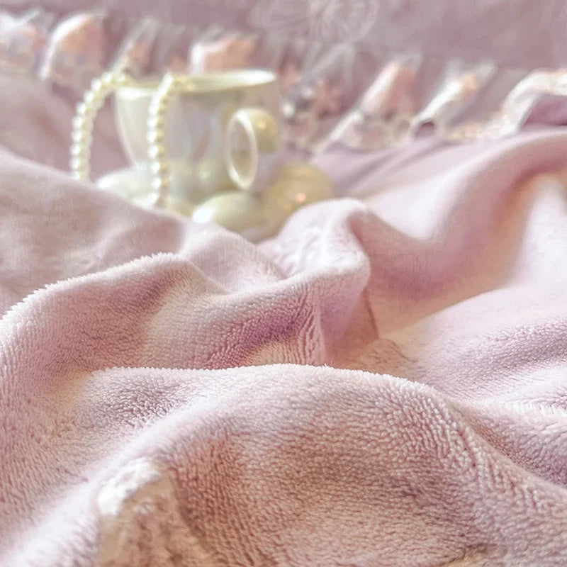 Butterfly Embroidery Lace Ruffles Carved Velvet Winter Thickened Bedding Set