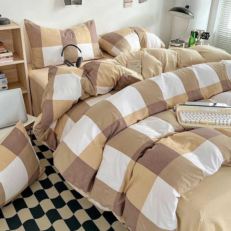 Japanese Style Bedding Sheet Set No Filler Striped Grid Minimalist Duvet Cover Pillowcase Double Queen Washed Cotton Bed Linens