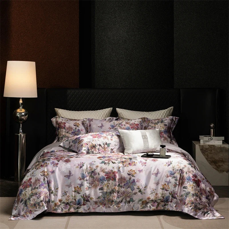 Luxury Blooming Flowers Satin Jacquard 1000TC Egyptian Cotton Bedding Set