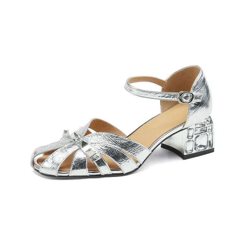Baotou Cowhide Metal Rivet Set Diamond Bag and Roman High Heel